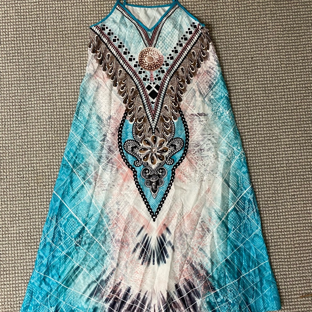 NWOT Boho Turquoise V-Neck Maxi Dress with Embellished Print - Picture 2 of 5
